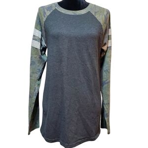 Women's Long Sleeve Camo / Gray Baseball Tee -Approx Size L see measurements-